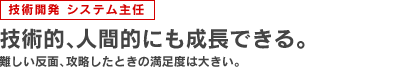 技術開発 システム主任
技術的、人間的にも成長できる。
難しい反面、攻略したときの満足度は大きい。